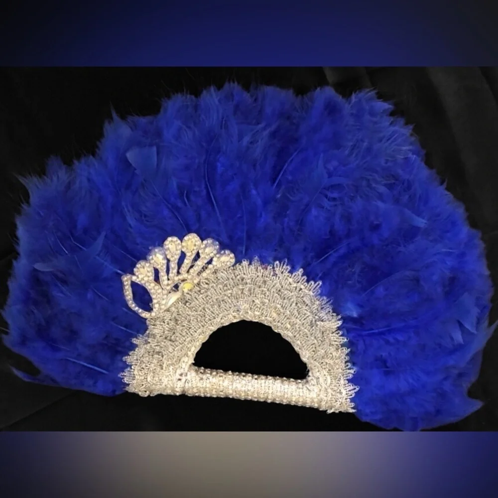 Royal Blue Feather African Bridal Hand Fan with Silver Crystal Accent